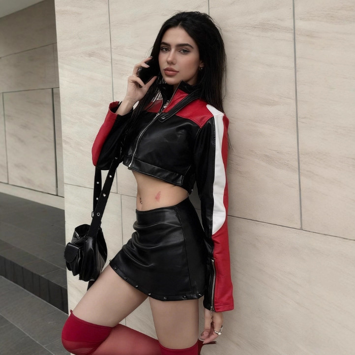 2025 New Contrast Color Splicing Motorcycle Jacket Pilot Jacket Short Jacket Women's Leather Jacket Foreign Trade Cross-Border Leather Jacket Women