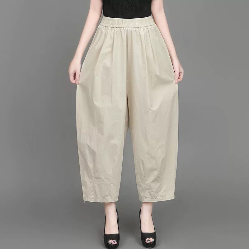 100% чистые тонкие свободные укороченные брюки больших размеров с высокой талией для женщин, новые летние брюки-карго-фонарики, повседневные и облегающие.