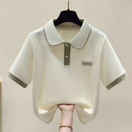 Polo领短袖T恤少女夏装2024新款初中高中学生宽松学院风休闲上衣