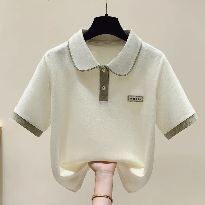 Polo Collar Short-Sleeved T-Shirt Girls Summer Wear 2024 New Junior High School and High School Students Loose Preppy Style Casual Tops