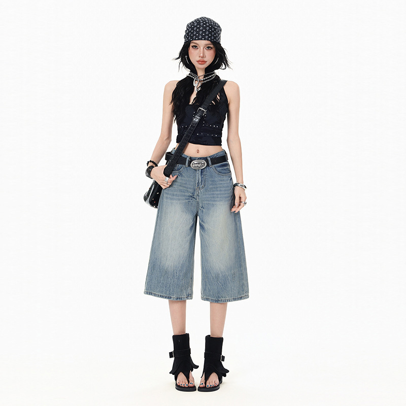 Childish Orange # Spring and Summer New Style Washed Wide-Leg Double-Length Jeans for Women, Loose Fit, Slimming, Height-Enhancing, Versatile Straight-Leg Pants, Trendy.
