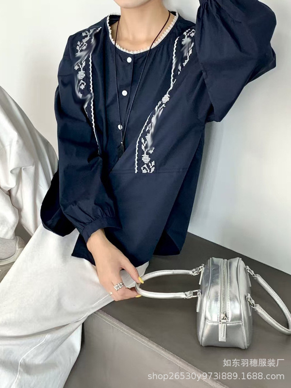 民族风刺绣纯棉上衣潮2025秋季高级感宽松休闲叠穿长袖衬衫女K37|undefined
