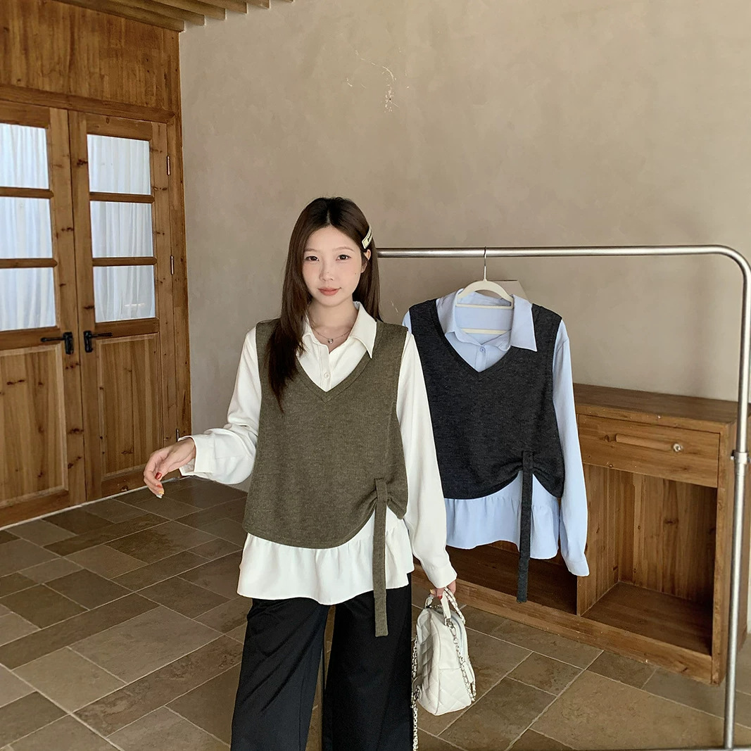 2026 autumn collection: new plus-size women's fashion, featuring a stylish and sophisticated knitted vest layered with a shirt, a two-piece set