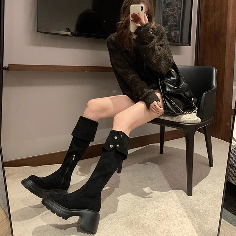 Su Yinyin mismo estilo ~ Otoño e invierno 8cm botas altas de tacón grueso de piel de cordero de suela gruesa botas delgadas elásticas por encima de la rodilla mujeres