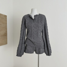 『欣幸』老钱风灰色套头麻花毛衣女冬修身显瘦亨利领针织上衣套装
