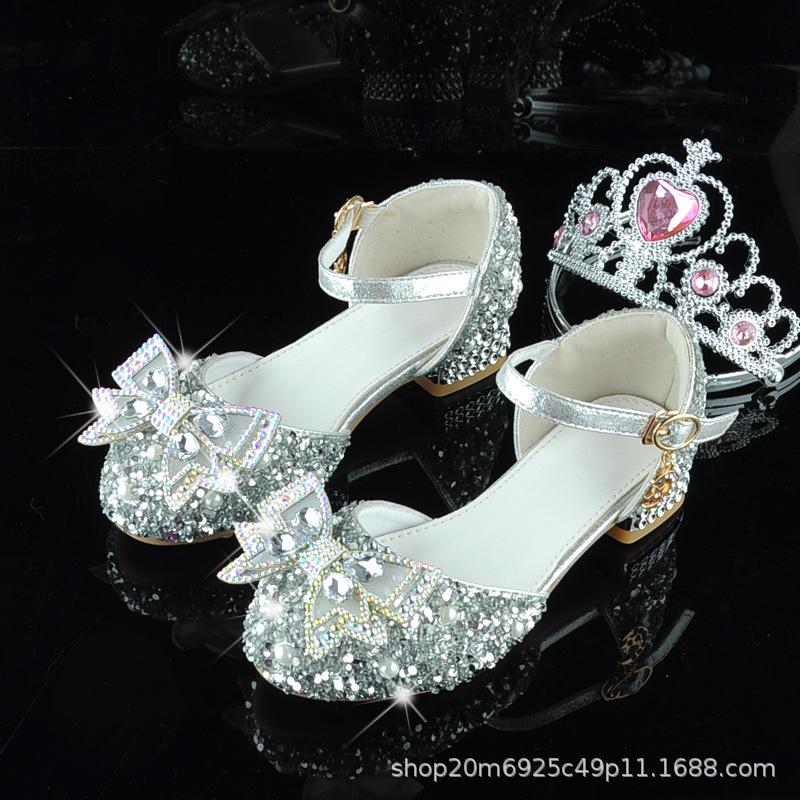 Silver Small Leather Shoes, Girls' Shoes, Trendy Style Flats, Children's Dresses, Princess Shoes, Ready-Made Crystal High Heels, Shiny