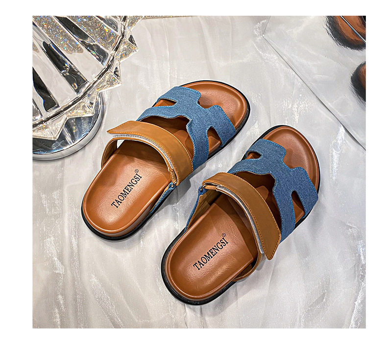 Dép sandal nữ quai ngang xỏ ngón đế dày, khóa dán tiện lợi, đi ngoài mùa hè — Màu trắng, Màu đen, Xanh denim phối nâu, Xanh mực ghép Hồng chi tiết 40