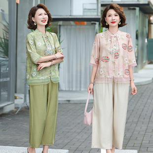 Mom's New Summer Clothing, New Chinese Style Cotton and Linen Suit, 50-Year-Old Middle-Aged and Elderly Women's Short-Sleeved Shirt, New Chinese Style T-Shirt Two-Piece Set