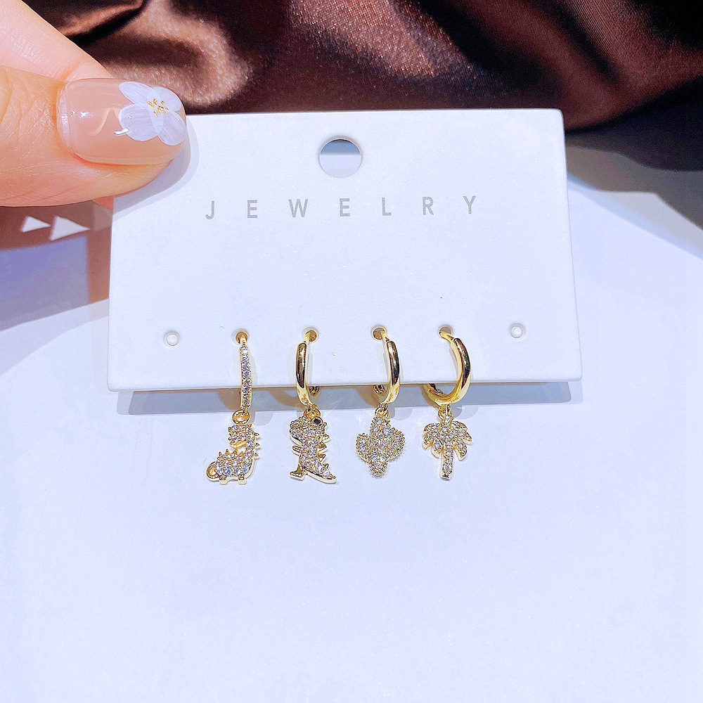 Womenu0027S Fashion Dinosaur Copper Earrings Inlay Zircon Drop Earrings 4 Pieces