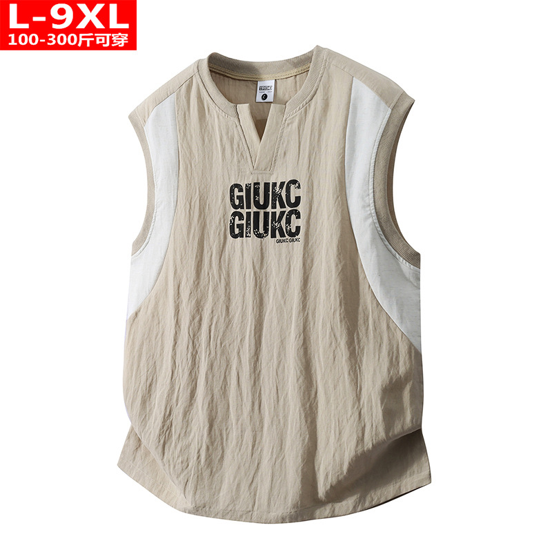 Summer Hong Kong Style Trendy Men's Color Block Linen Sleeveless Vest, Plus Size, Loose Fit, Sporty Casual Sweatshirt