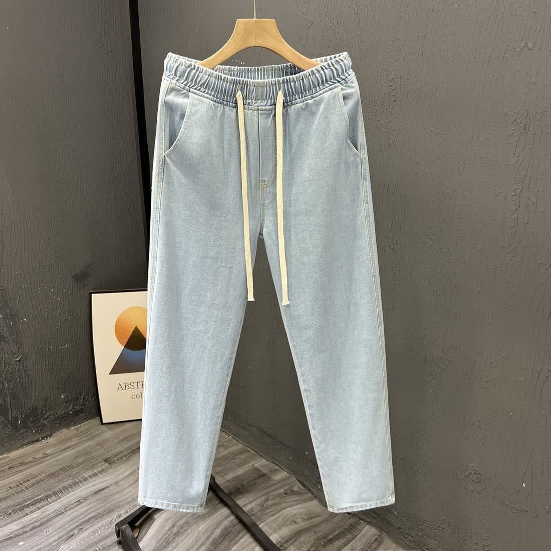 Herrenjeans mit elastischem Bund, dünne, lockere Sommerpassform, gerades Bein, neunteiliges, weites Bein, lässige Retro-Hose der High Street_voghion.com