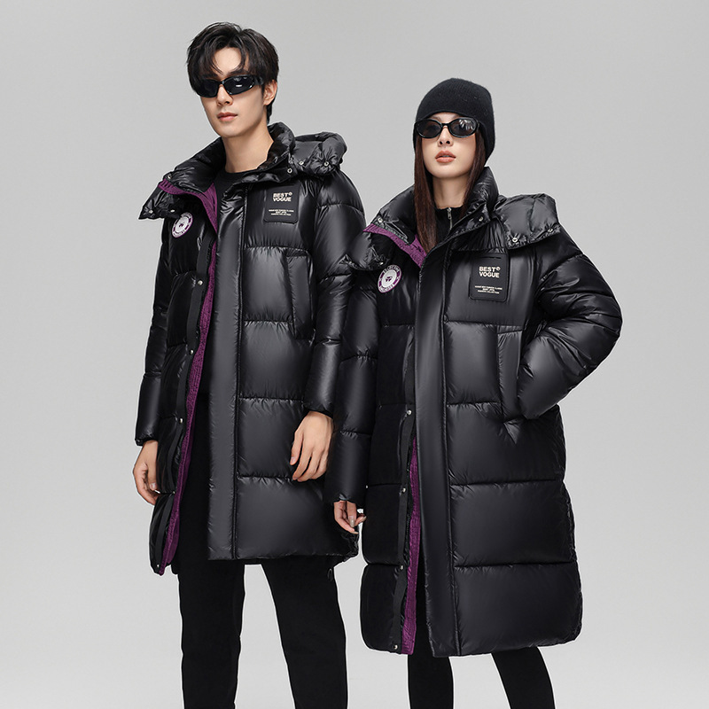 2025 ropa de algodón oro púrpura larga chaqueta de algodón para hombres y mujeres sobre la rodilla protector de comercio con gorras gruesas de pluma de oro negro image 3