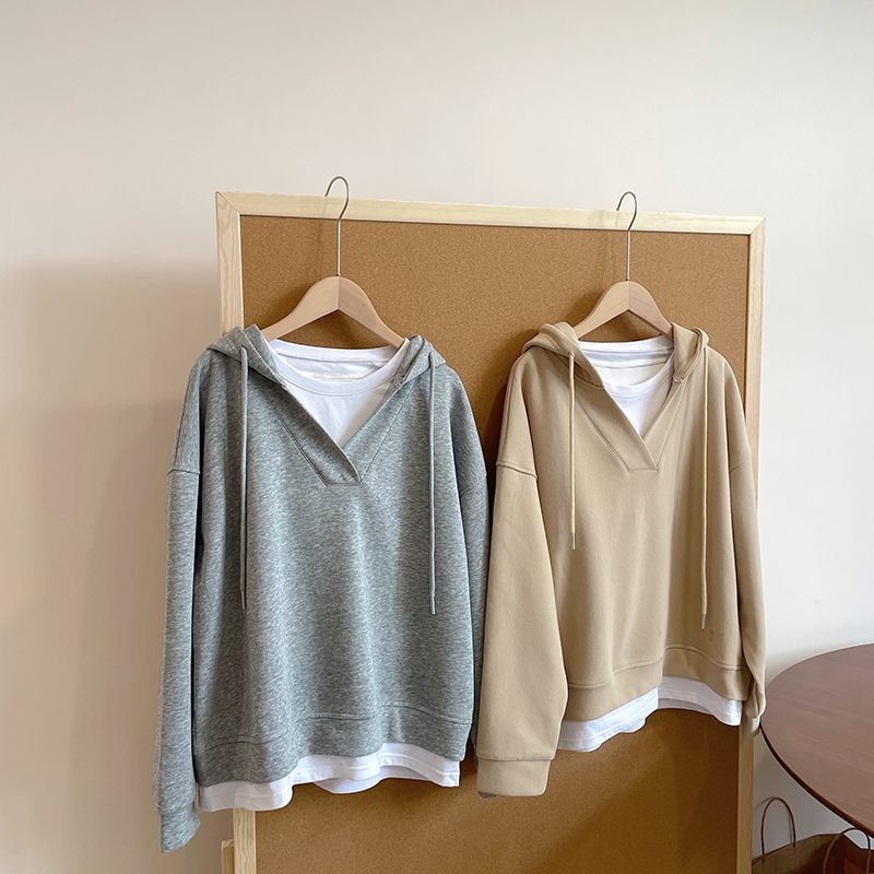 Women's two-piece patchwork loose hooded sweatshirt, early autumn 2025 style, casual, versatile, youthful, long-sleeved top/jacket.