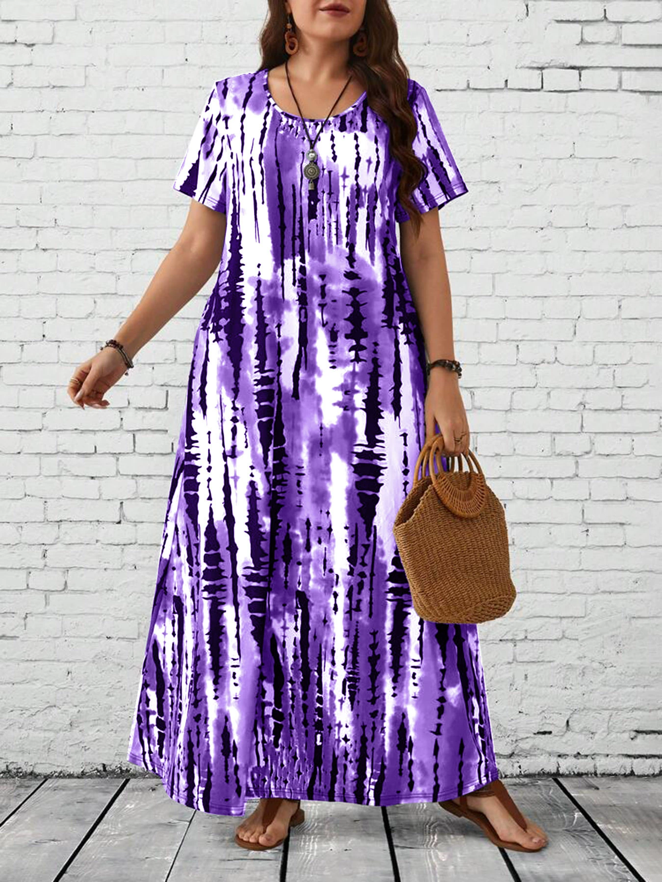 Летнее платье макси, европейский стиль, круглый вырез, plus‑size 1XL–5XL