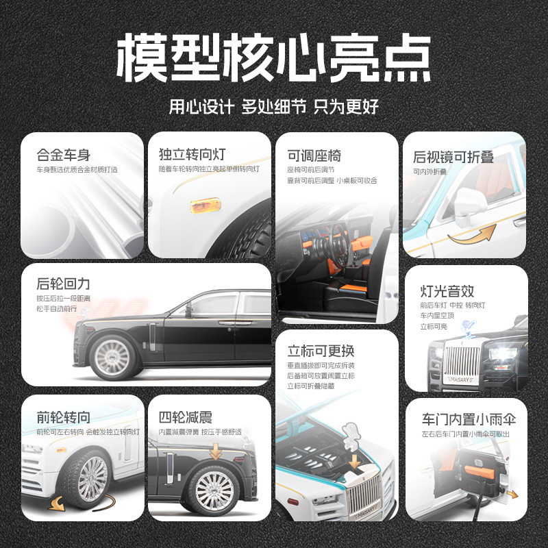 Modelo de coche de aleación Jiaye 1:22 Rolls Phantom Return Sonido y luz Juguete Coche Modelo de efecto de sonido Adornos al por mayor