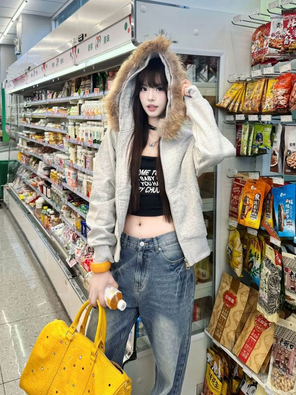 慵懒风灰色连帽卫衣开衫女秋季可拆卸毛领拉链外套宽松休闲上衣潮|undefined
