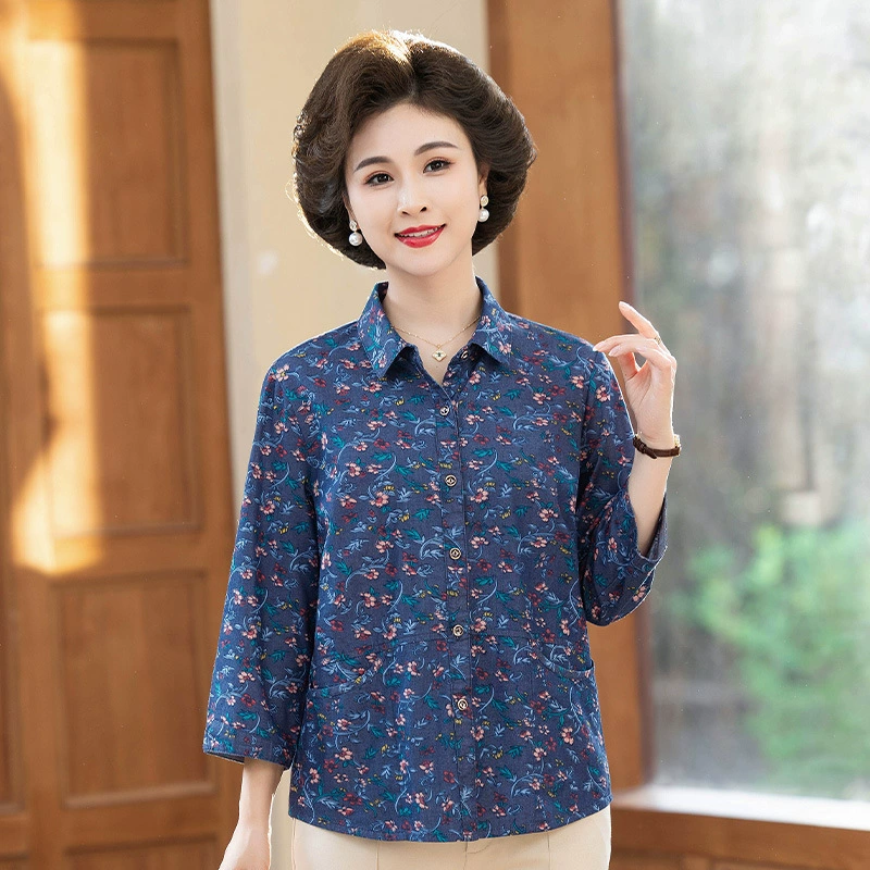 Женская джинсовая рубашка с рукавом три четверти для женщин среднего и пожилого возраста, новинка весны 2024