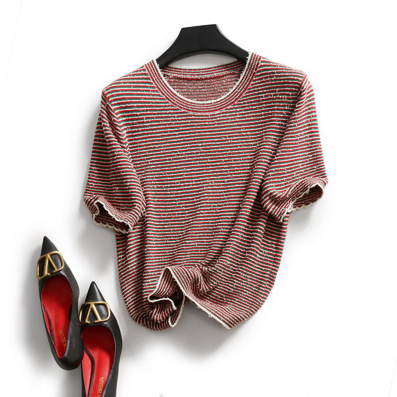 No returns or exchanges. Color-blocked fine stripes, wool fleece design, short-sleeved round-neck knitted pullover top for women No returns or exchanges. Color-blocked fine stripes, wool fleece design, short-sleeved round-neck knitted pullover top for women