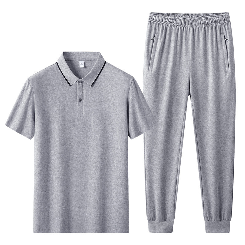 2026 New Cotton Ice-Feel Casual Sports Suit for Men, Summer Short-Sleeve Polo Shirt and Long Pants Two-Piece Set for Young and Middle-Aged Men