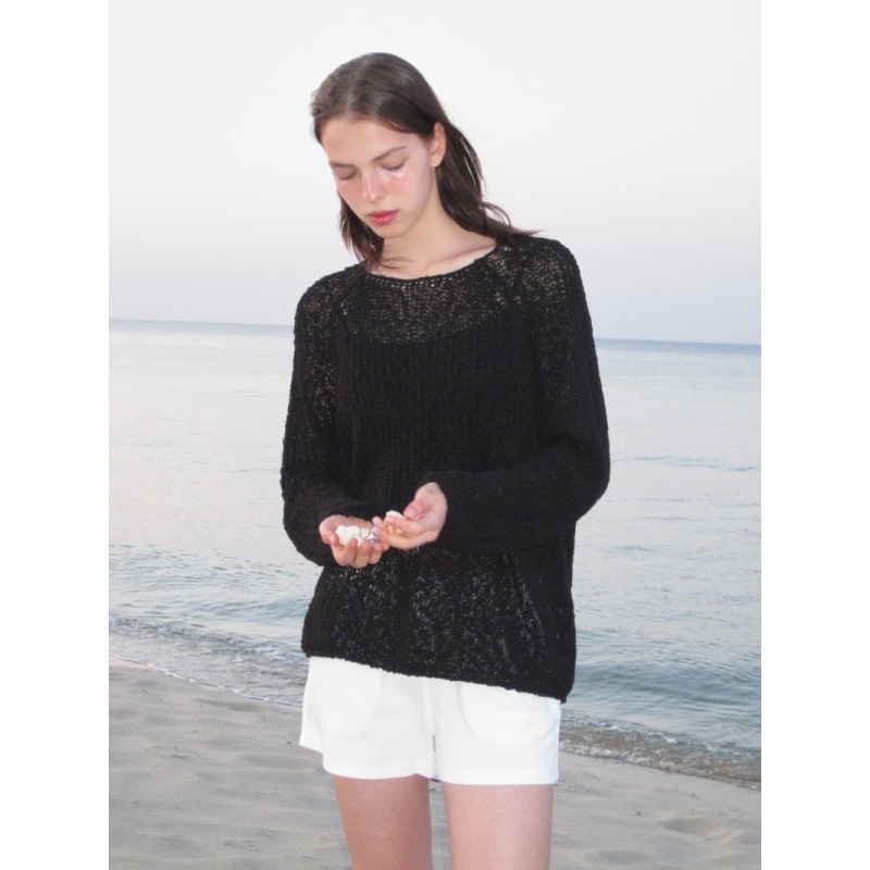 Longmei Loose Hollow-Out Women's Knit Sweater 2025 Early Autumn New Korean Style Lc Simple Commuter Long-Sleeve Top