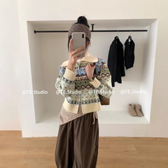 秋冬季复古短款费尔岛翻领拉链针织开衫女长袖提花毛衣外套上衣潮