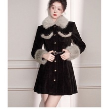 黑色灯芯绒大毛领夹棉外套女夹棉冬季小香风感中长款法式大衣