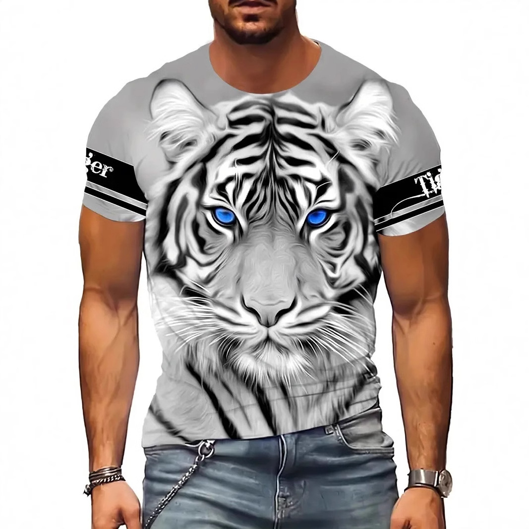 Venta caliente de la calle europea y americana tigre blanco estampado 3D hombre verano suelto transpirable hombro de manga corta cuello redondo camiseta en stock