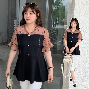 Summer New Large Size Women's Lotus Leaf Sleeve Top Fat mm200 Jin Elegant Slim V-neck Floral Chiffon Shirt