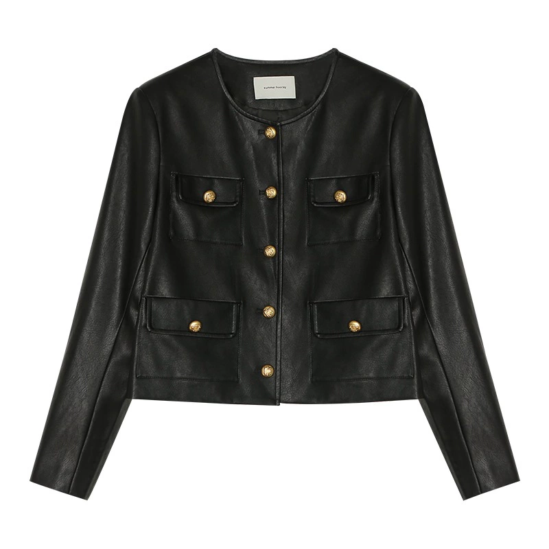 Retro long polyurethane autumn jacket with a round collar, mid-length