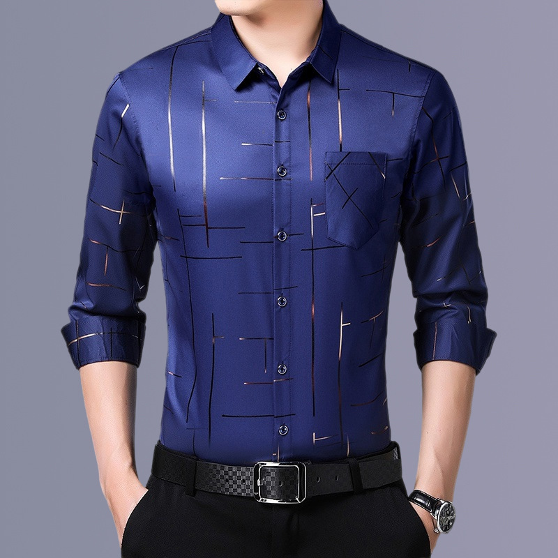 Cross-border wholesale middle-aged men's long sleeve shirt men's spring and autumn plaid non-ironing men's shirt business casual ironing black gold