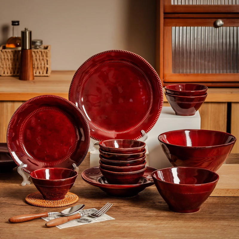 Tableware Kiln-Turned Red Tableware and Dish Set Ceramic Bowl Household New Beautiful Rice Bowl Plate High Appearance