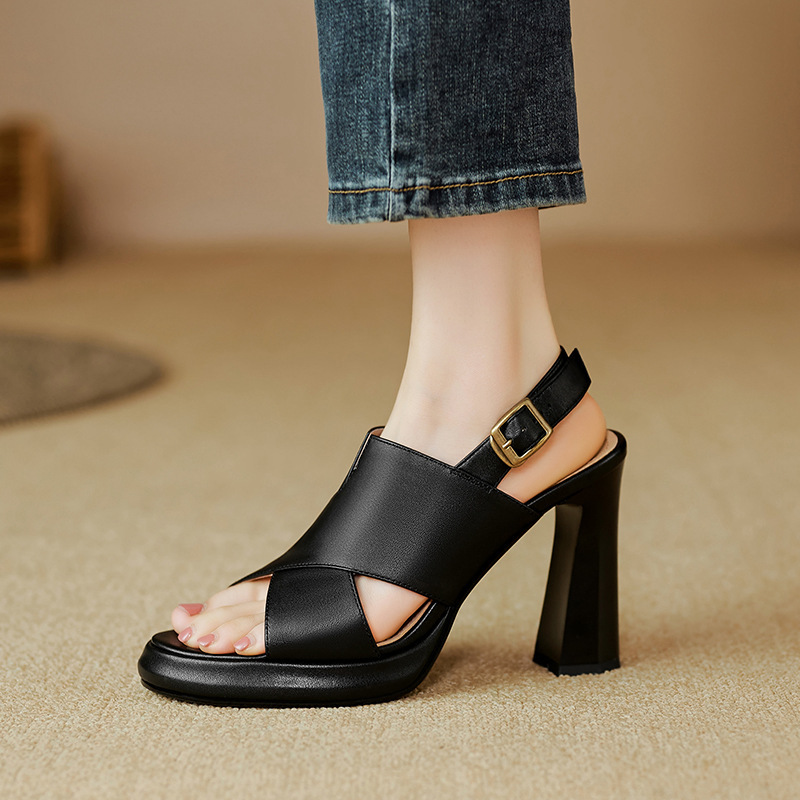 Sandal cao gót nữ quai ngang hở ngón da cừu cao cấp gót 10 cm — Màu đen