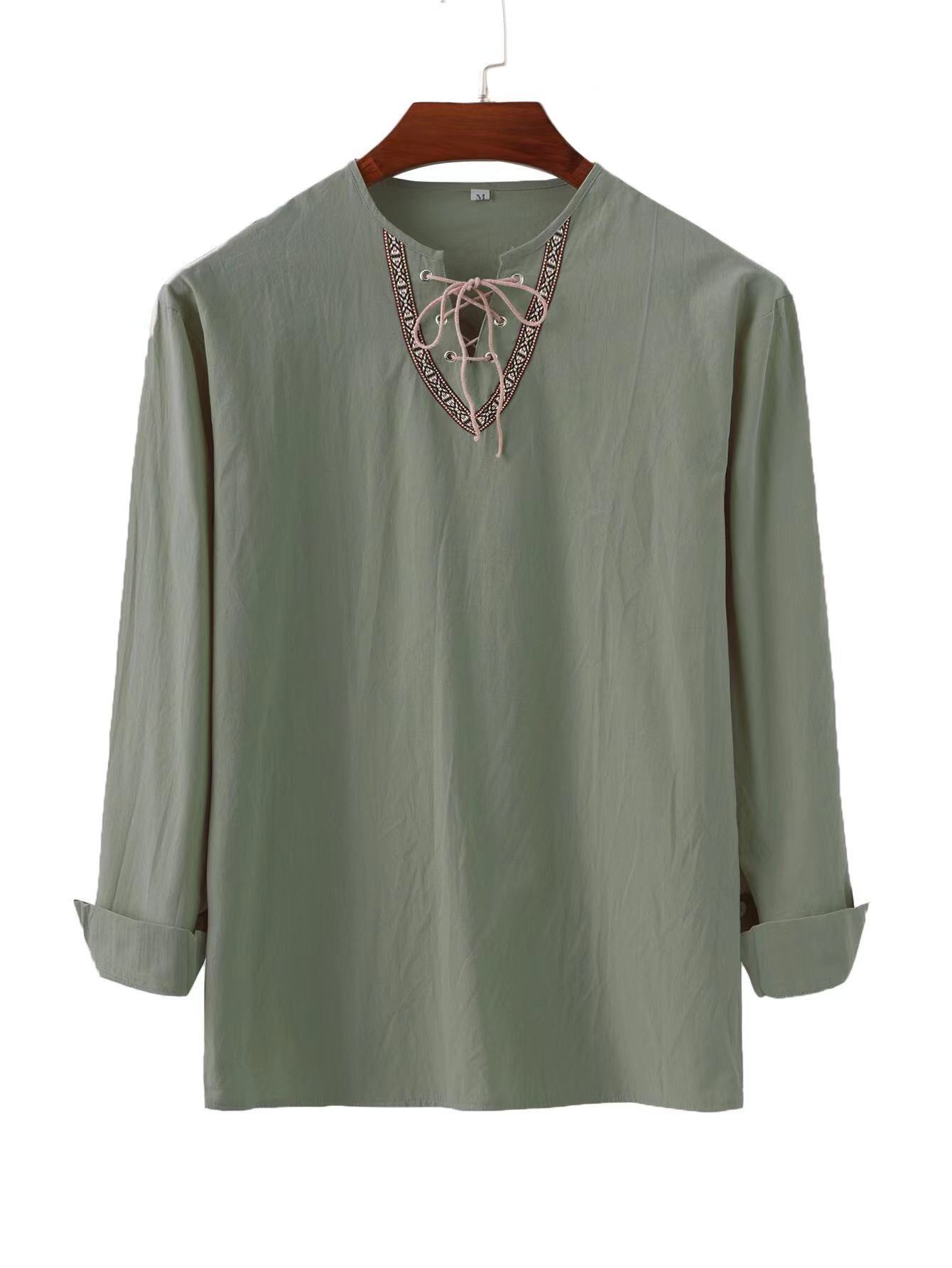 2023 primavera y otoño transfronterizo nuevos hombres europeos y americanos sueltos color sólido cordón camisa de manga larga algodón y lino soporte collar camisa de los hombres