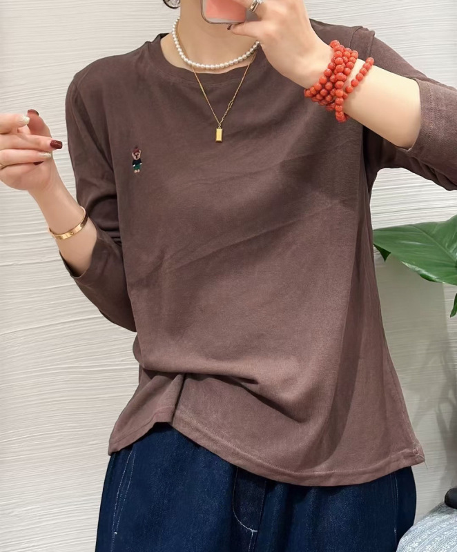 欧货2025秋季新款圆领休闲刺绣长袖T恤女宽松显瘦打底衫上衣女|undefined