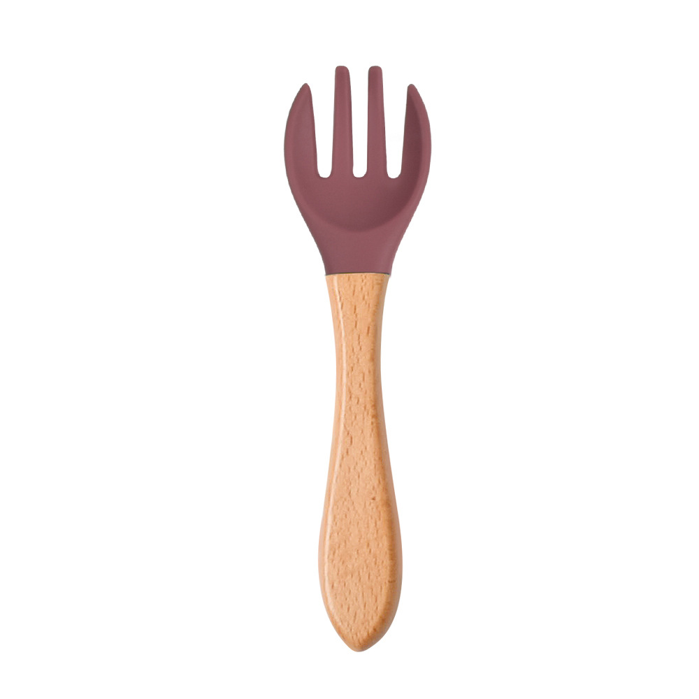 Grado alimenticio mango de madera de los niños cuchara de silicona Tenedor vajilla bebé entrenamiento suplemento alimenticio cuchara bebé alimentación cuchara Tenedor