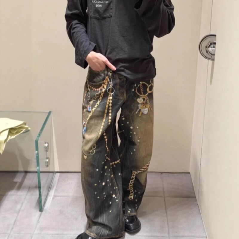 New Year's Edition Loose-Fit Jeans with Chain Design, Year of the Horse Limited Edition, Black and Gold Print, 1981 Series, Ac Retro Limited Edition, Single Color Cotton New Year's Edition Loose-Fit Jeans with Chain Design, Year of the Horse Limited Edition, Black and Gold Print, 1981 Series, Ac Retro Limited Edition, Single Color Cotton