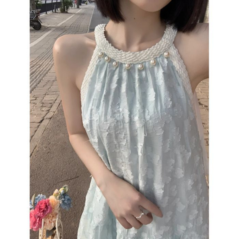 パールノースリーブホルターネックドレス女性のための夏の 2025 新しいハイエンドフレンチビーチリゾートドレスサスペンダーロングスカート|undefined