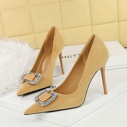 825-K69 Korean Fashion Banquet High Heels Slim Heels Women's Shoes Suede Shallow Mouth Pointed Metal Water Diamond Buckle Single Shoes