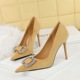 825-K69 Korean Fashion Banquet High Heels Slim Heels Women's Shoes Suede Shallow Mouth Pointed Metal Water Diamond Buckle Single Shoes