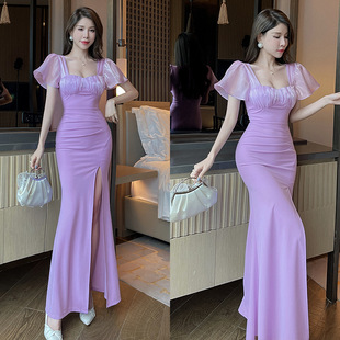 Slim-Fitting Short-Sleeved Nightclub Women's Black Long Skirt Dress Work Clothes Sauna Hotel Evening Dress Fluorescent Slim Fit