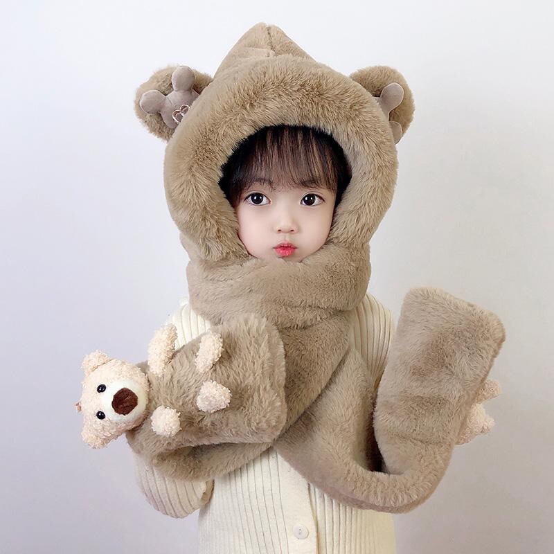 新款可爱毛绒保暖秋冬护耳帽子一体小熊冬季帽子围巾手套三件套女|undefined