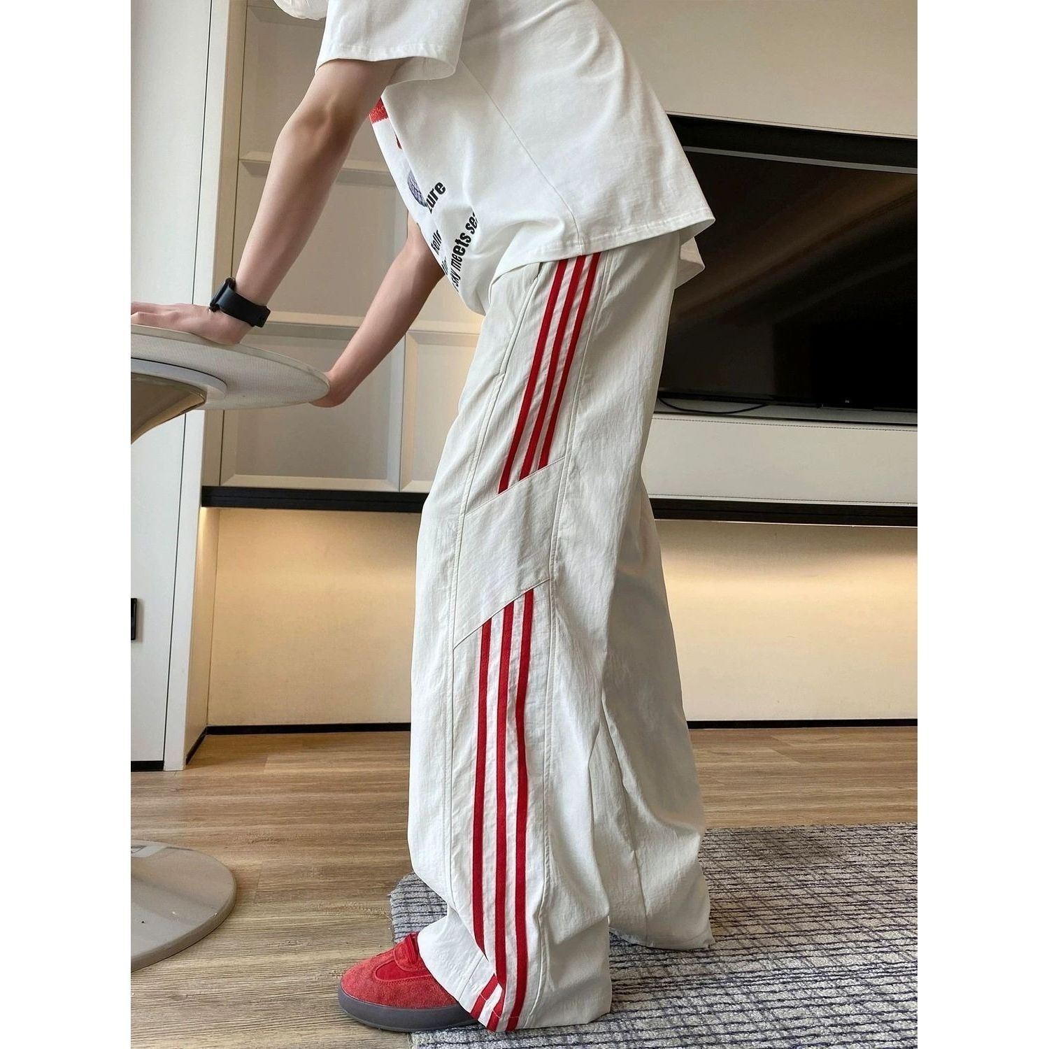 American Three-Stripe Quick-Dry Ice Silk Pants Men's Summer Thin Sports Long Pants Loose Straight Wide-Leg Casual Pants