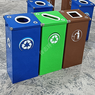 Indoor and Outdoor Three-Color Stainless Steel Classification Trash Can with Direct Injection Mouth, Painted Metal Paper Drop-Off Point, Customized by Manufacturer