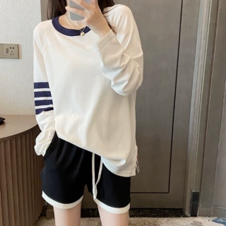 tb春夏后背小狗提花学院风上衣套头长袖撞色T恤女装防晒针织衫