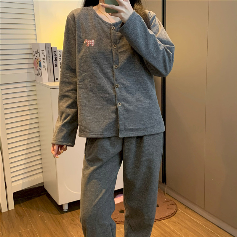 [Plaid Puppy] Cashmere with Chest Pad Warm Thin Velvet Heated Casual Autumn and Winter Pajamas Women's Home Clothes Set