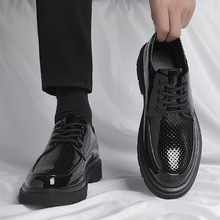 皮鞋男士韓版牛皮鏤空休閑厚底潮鞋系帶透氣青年大頭皮鞋一件代發
