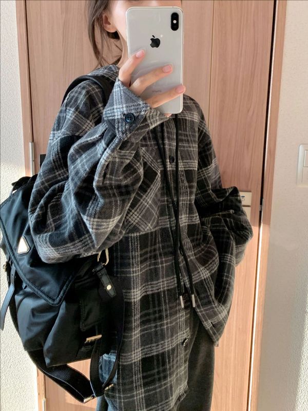 浅姜黄/黑白灰 帅气格纹oversize毛呢连帽衬衫上衣女秋|undefined