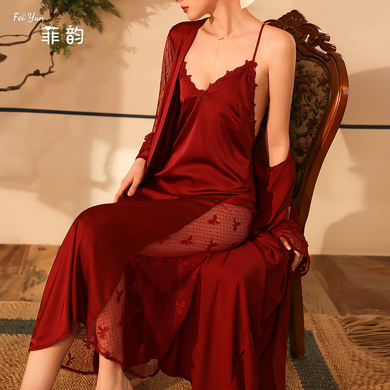 Philippine Rhyme Sexy Ice Silk Nightgown Extended Bathrobe Pajamas Women's Long-sleeved Women's Satin Home Suit Thin 6076 Philippine Rhyme Sexy Ice Silk Nightgown Extended Bathrobe Pajamas Women's Long-sleeved Women's Satin Home Suit Thin 6076