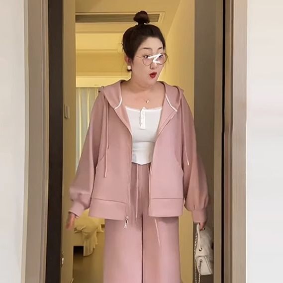 特大码300斤胖MM休闲运动小个子套装女秋冬季卫衣外套+裤子两件套|undefined
