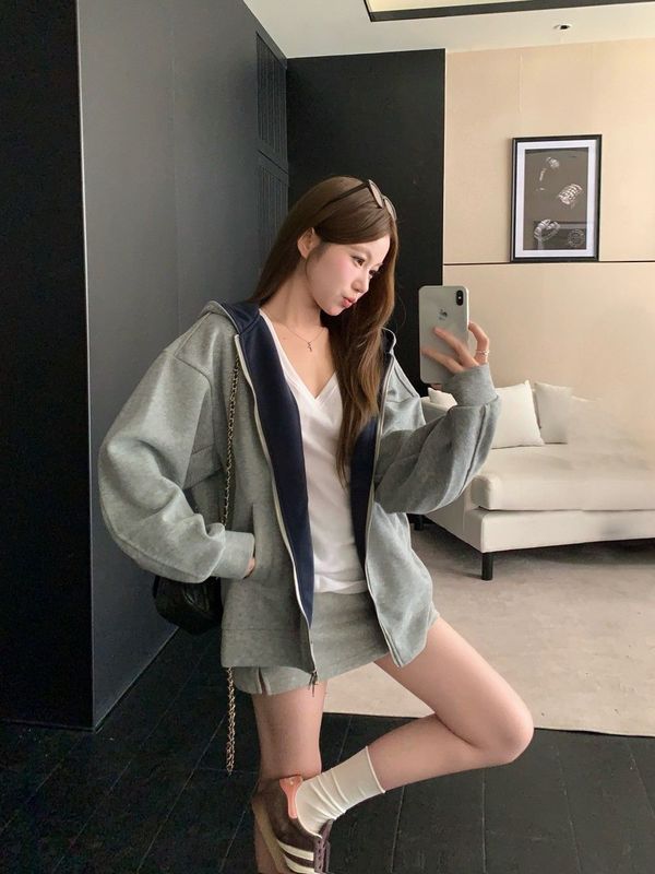 工厂自制 美式撞色连帽卫衣外套女2025新款早秋穿搭慵懒上衣开衫|undefined